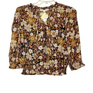 Monteau Los Angeles Floral Smocked Blouse Retro 70s Metallic Lurex Boho M NWT